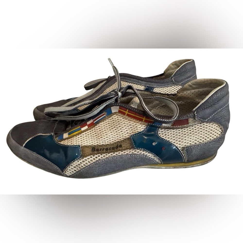Barracuda Italian leather trainers men mesh flags beige navy street suede US11.5